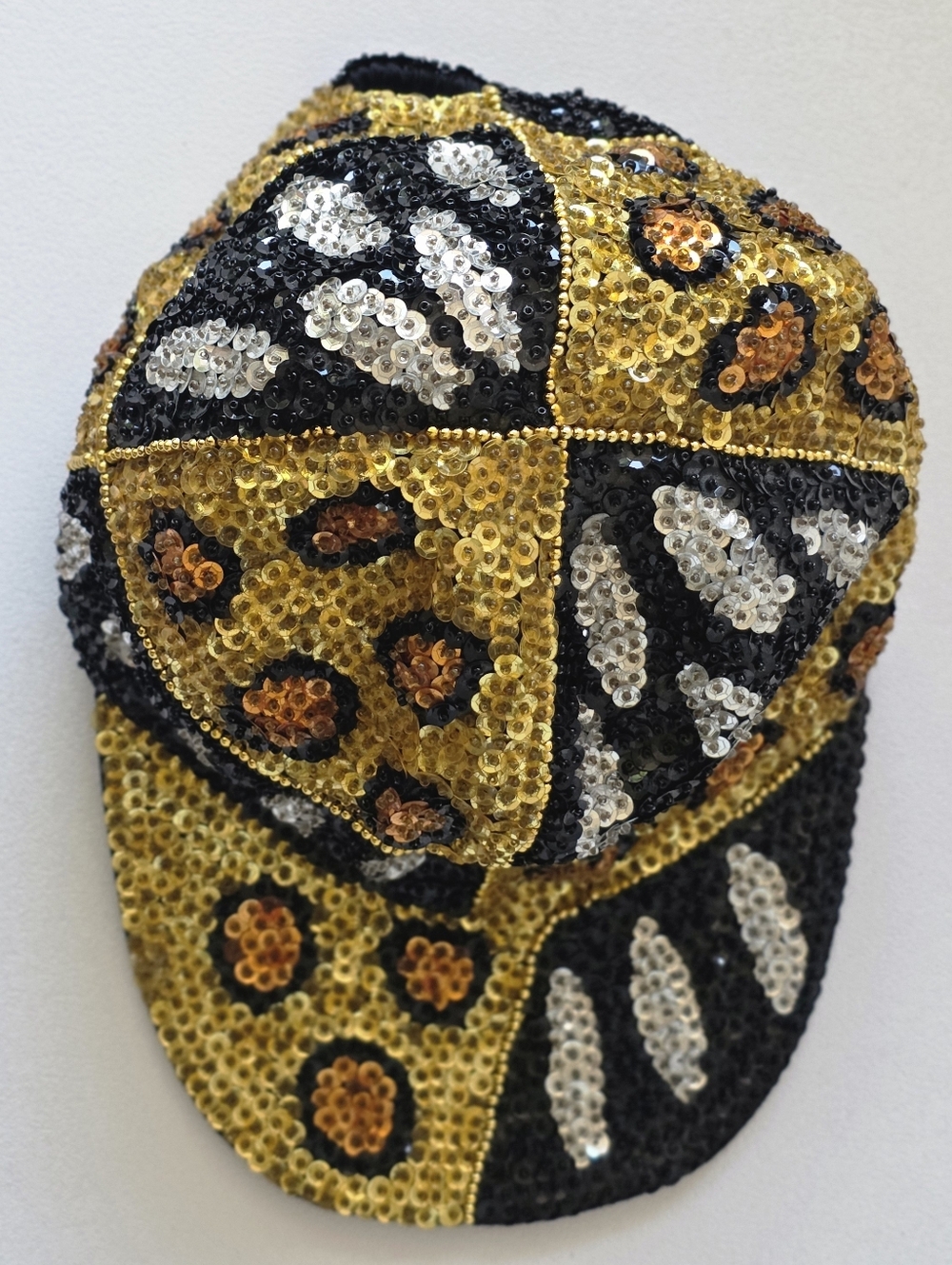 Y2K Sequin Leopard Print Hat Gold Black Mob Wife McBling Glam Statement Cap Vtg - Picture 6 of 16